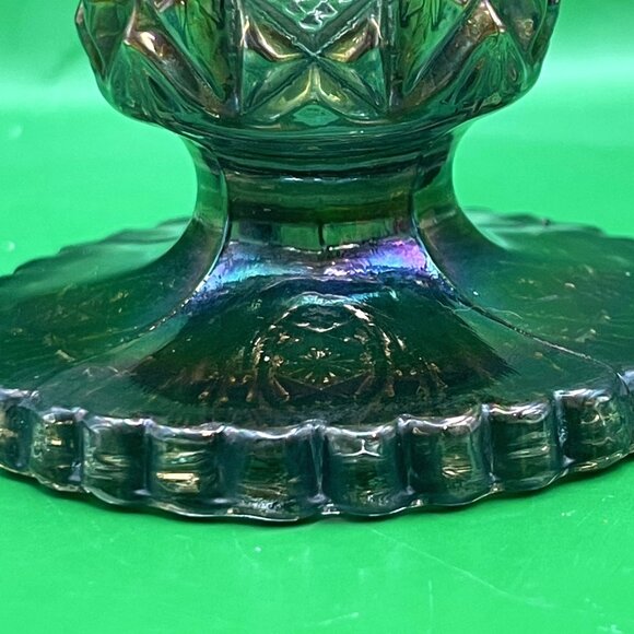 Vintage 1950s Imperial Carnival Glass Daisy Button Green Flared Vase Crimped Rim - Picture 15 of 16